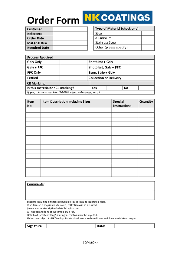 Standard Order forms
